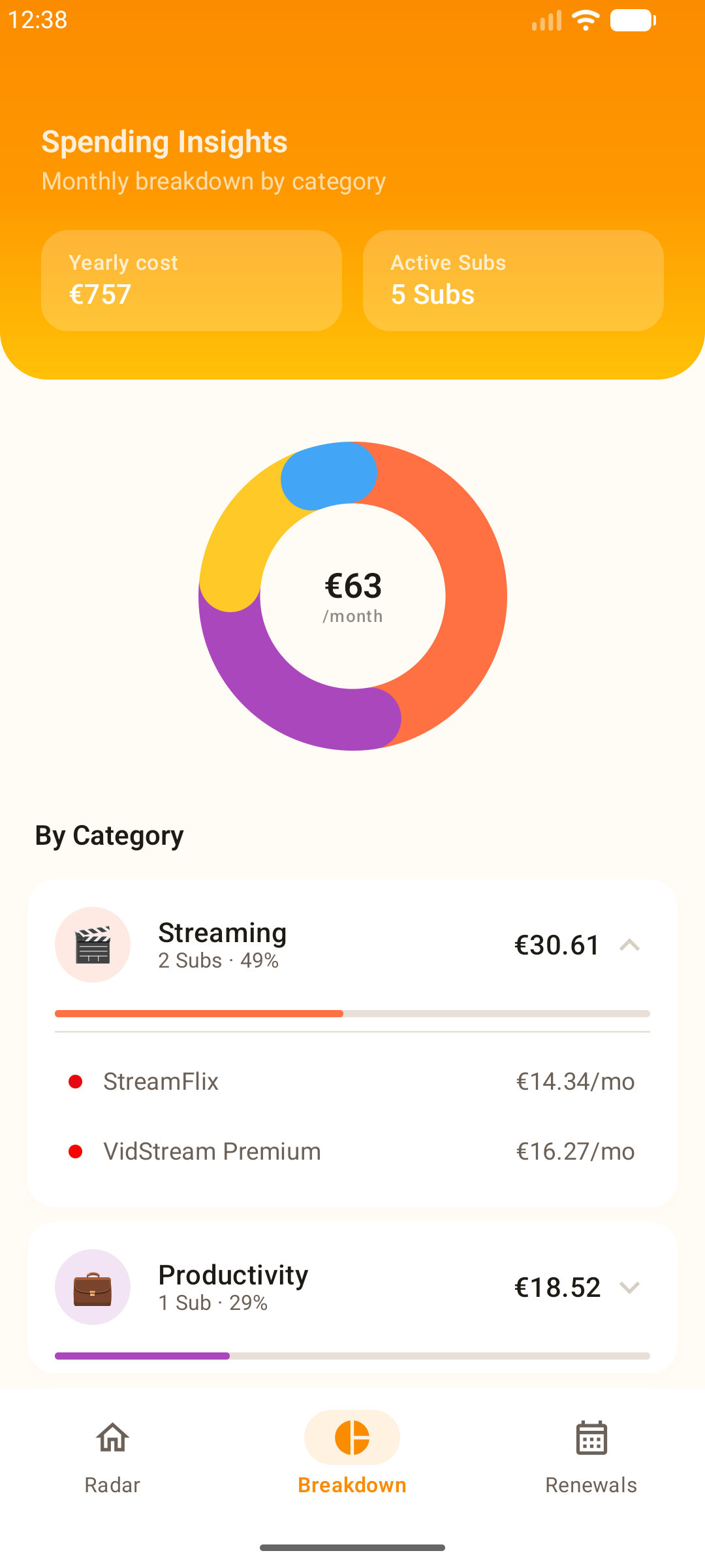 Subs app — Spending charts and analytics