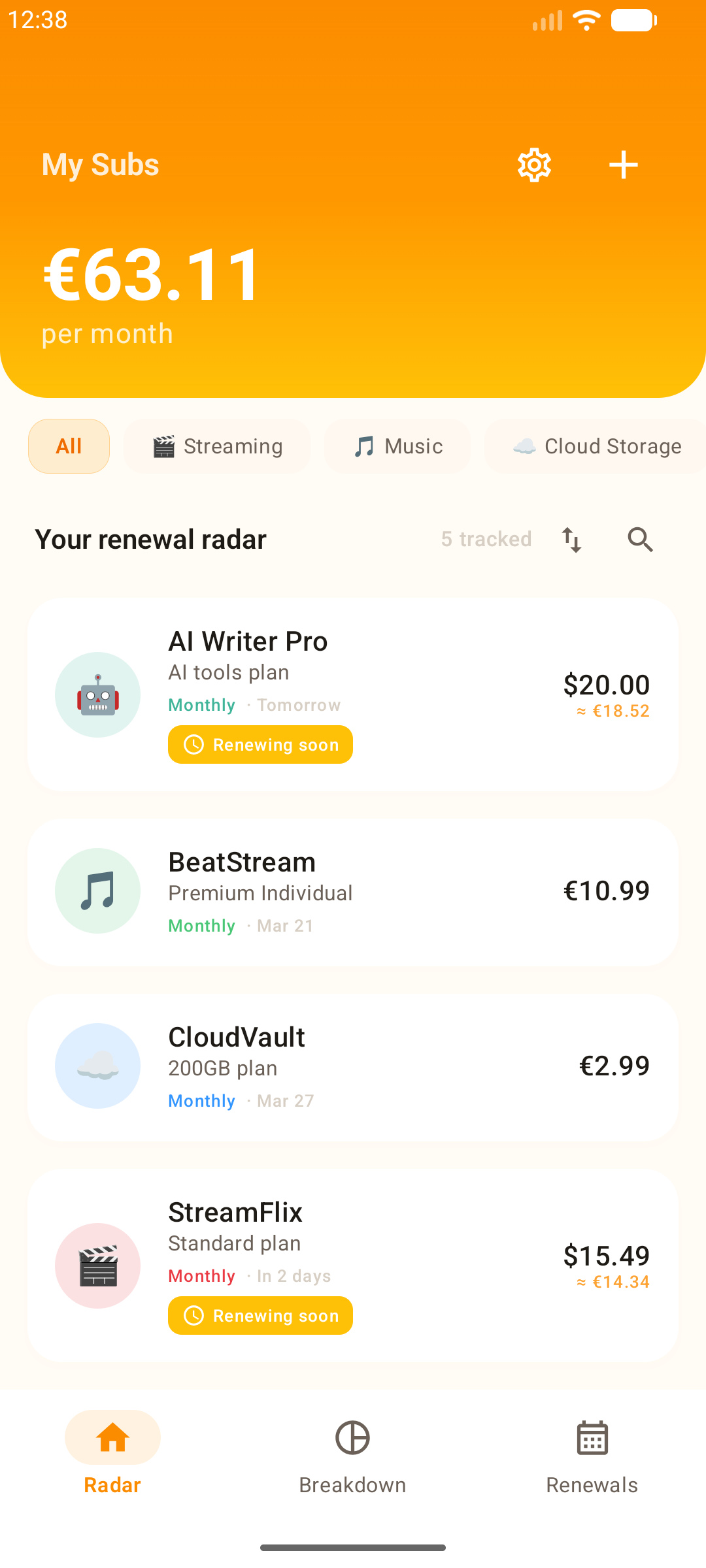 Subs app — Main screen showing your subscriptions