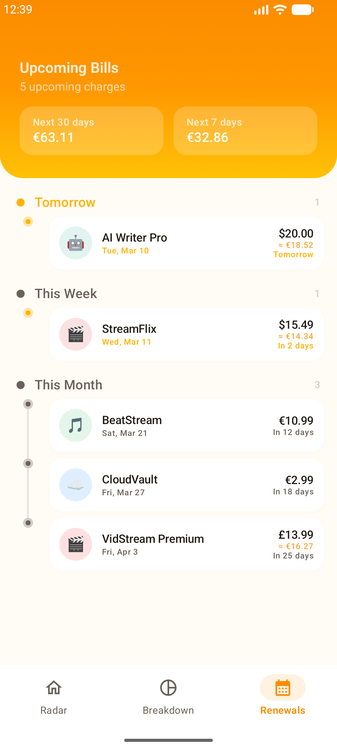 Subs app — Renewals timeline